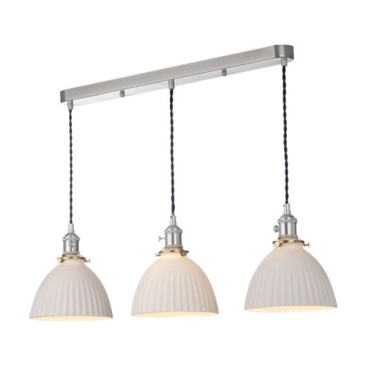 Dar Hadano 3 Light Bar Pendant Antique Chrome & Ceramic Domed Shade