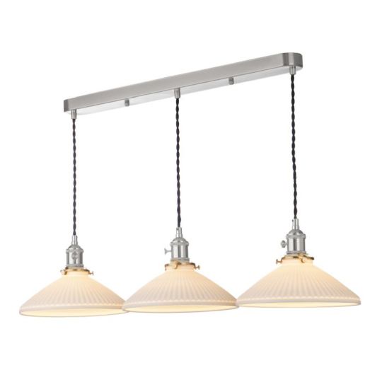 Dar Hadano 3 Light Bar Pendant Antique Chrome & Ceramic Shallow Shade