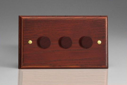 Varilight Mahogany 3-Gang 2-Way Push-On/Off Rotary Dimmer 3 x 40-250W (Twin Plate)