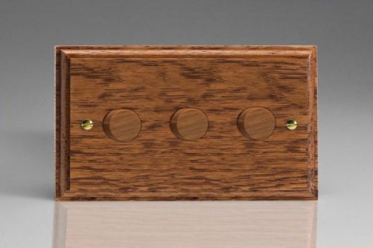 Varilight Medium Oak 3-Gang 2-Way Push-On/Off Rotary Dimmer 3 x 40-250W (Twin Plate)