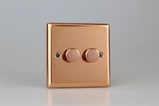 Varilight Polished Copper 2-Gang 2-Way Push On/Off Rotary LED Dimmer 2 x 0-100W (1-10 LEDs)