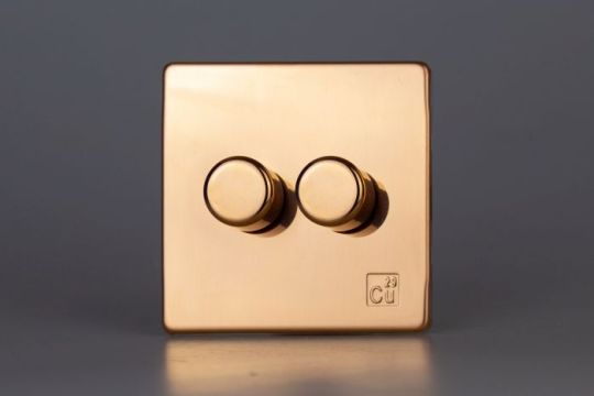 Varilight Cu29 Raw Copper 2-Gang 2-Way Push On/Off Rotary LED Dimmer 2 x 0-120W (1-10 LEDs)
