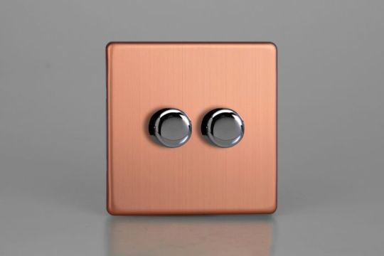 Varilight Brushed Copper 2-Gang 2-Way Push On/Off Rotary LED Dimmer 2 x 0-120W (1-10 LEDs)