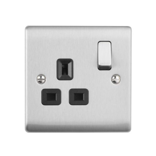 Saxby Raised Screwed 13A 1G Dp Switched Socket - Brushed Steel With Black Insert in Brushed Steel