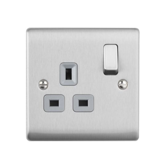 Saxby Raised Screwed 13A 1G Dp Switched Socket - Brushed Steel With Grey Insert in Brushed Steel