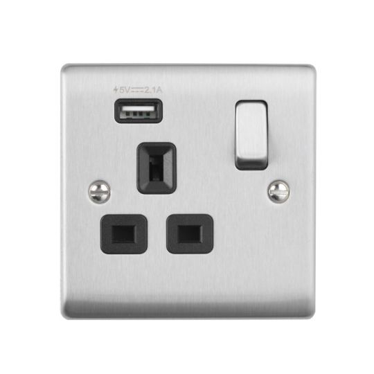 Saxby Raised Screwed 13A 1G Dp Switched Socket With 2.1V Usb - Brushed Steel With Black Insert in Brushed Steel