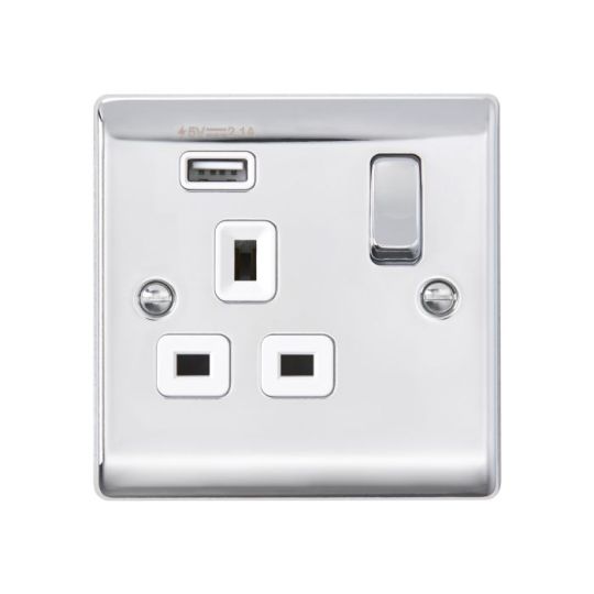 Saxby Raised Screwed 13A 1G Dp Switched Socket With 2.1V Usb - Polished Chrome With White Insert in Chrome Effect Plate