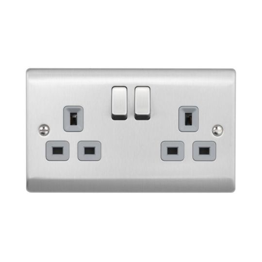 Saxby Raised Screwed 13A 2G Dp Switched Socket - Brushed Steel With Grey Insert in Brushed Steel