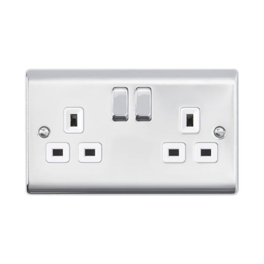 Saxby Raised Screwed 13A 2G Dp Switched Socket - Polished Chrome With White Insert in Chrome Effect Plate