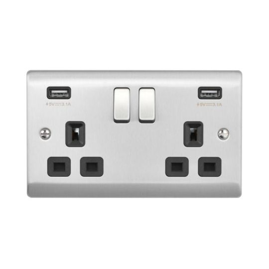 Saxby Raised Screwed 13A 2G Dp Switched Socket With Twin 5V Usb - Brushed Steel With Black Insert in Brushed Steel