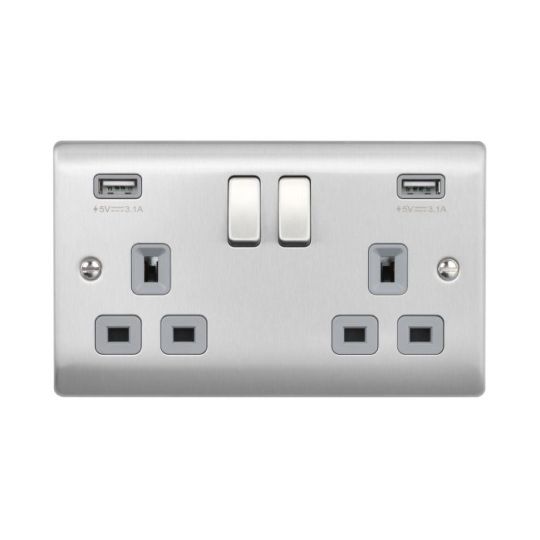 Saxby Raised Screwed 13A 2G Dp Switched Socket With Twin 5V Usb - Brushed Steel With Grey Insert in Brushed Steel