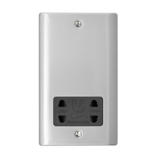 Saxby Raised Screwed Dual Voltage Shaver Socket - Brushed Steel With Black Insert in Brushed Steel
