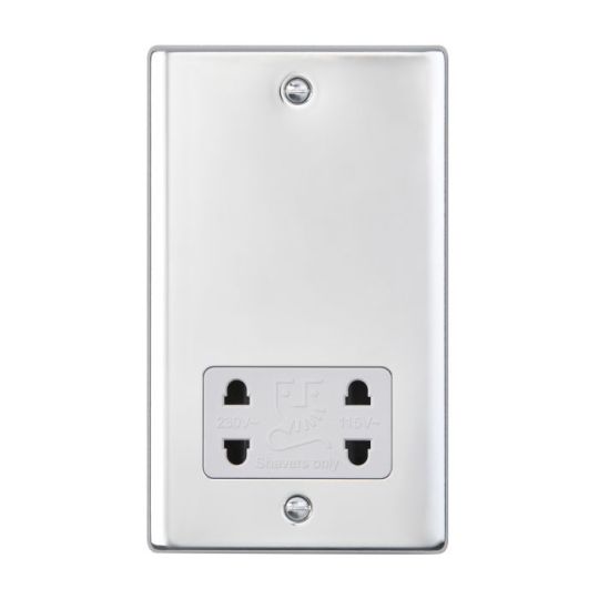 Saxby Raised Screwed Dual Voltage Shaver Socket - Polished Chrome With White Insert in Chrome Effect Plate