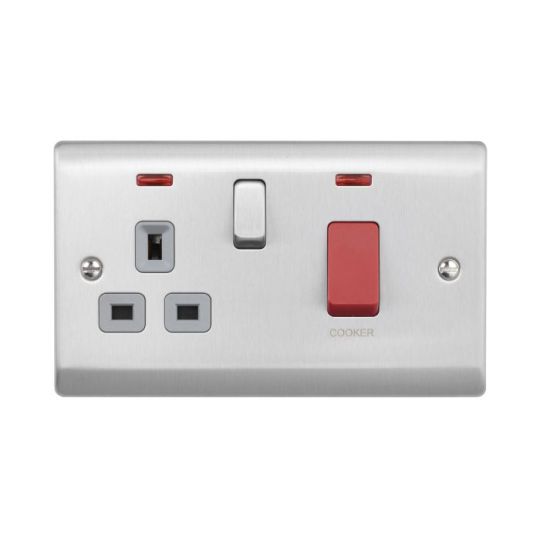 Saxby Raised Screwed 45A Dp Cooker Switch With 13A Socket With Neon - Brushed Steel With Grey Insert in Brushed Steel