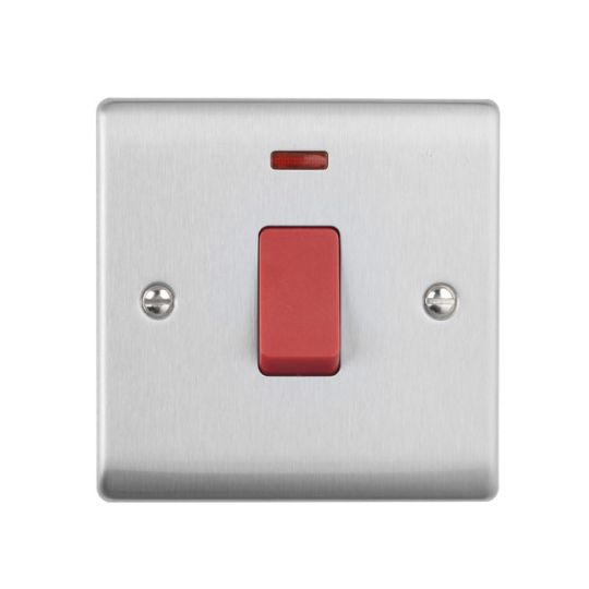 Saxby Raised Screwed 45A 1G Dp Switch With Neon - Brushed Steel in Brushed Steel