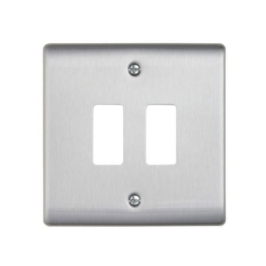Saxby Raised Screwed 2G Grid Front Plate - Brushed Steel in Brushed Steel