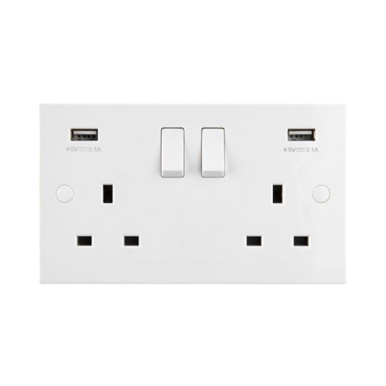 Saxby Square Edge 13A 2G Dp Switched Socket With Twin 5V Usb in White