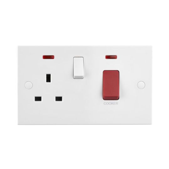 Saxby Square Edge 45A Dp Cooker Switch With 13A Socket With Neon in White