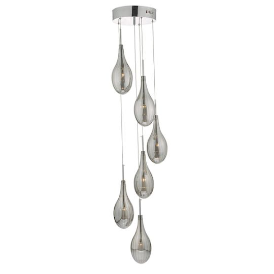Dar Seta 6 Light Cluster Pendant Polished Chrome Smoked Glass