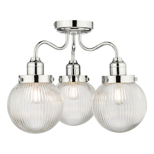 Dar Tamara 3 Light Bathroom Semi Flush Polished Chrome Ribbed Glass IP44