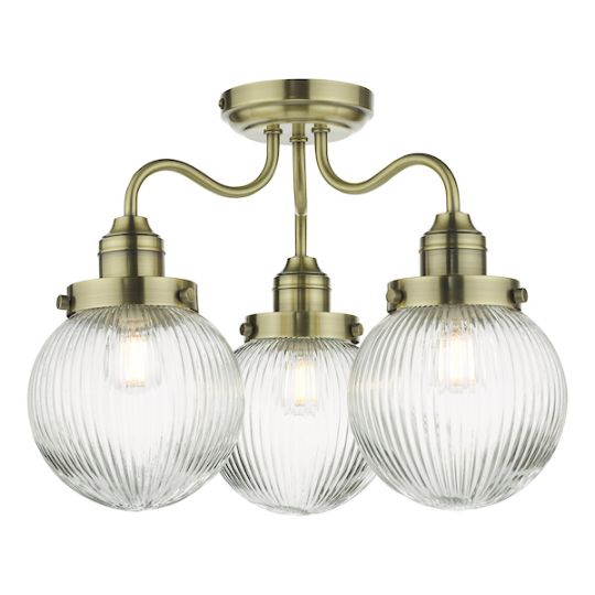 Dar Tamara 3 Light Bathroom Semi Flush Antique Brass Ribbed Glass IP44