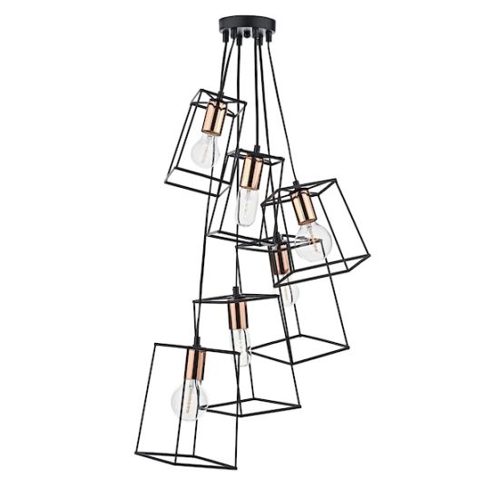 Dar Tower 6 Light Cluster Pendant Matt Black & Copper
