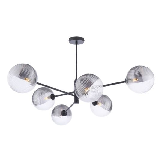 Dar Vignette 6 Light Pendant Matt Black & Smoked/Clear Ribbed Glass