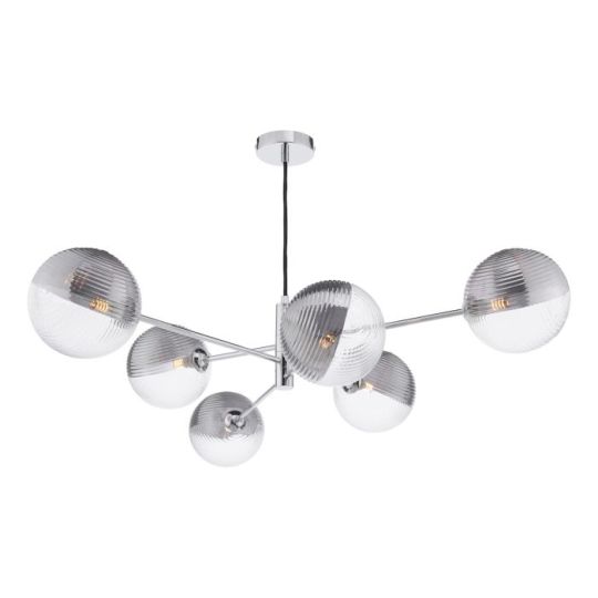 Dar Vignette 6 Light Pendant Polished Chrome & Smoked/Clear Ribbed Glass