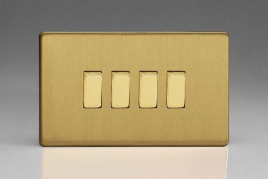 Varilight Brushed Brass 4-Gang 10A 1- or 2-Way Rocker Switch (Twin Plate)