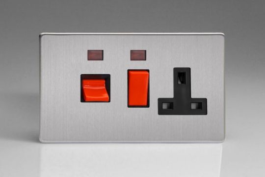 Varilight Brushed Steel 45A Cooker Panel + Neon with 13A Double Pole Switched Socket Outlet (Red Rocker)