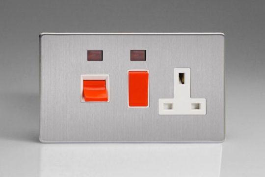 Varilight Brushed Steel 45A Cooker Panel + Neon with 13A Double Pole Switched Socket Outlet (Red Rocker)