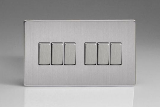 Varilight Brushed Steel 6-Gang 10A 1- or 2-Way Rocker Switch (Twin Plate)