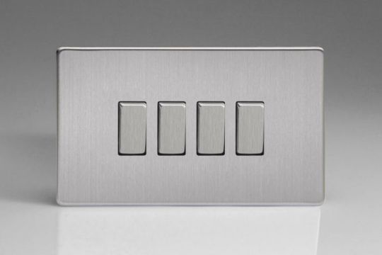 Varilight Brushed Steel 4-Gang 10A 1- or 2-Way Rocker Switch (Twin Plate)