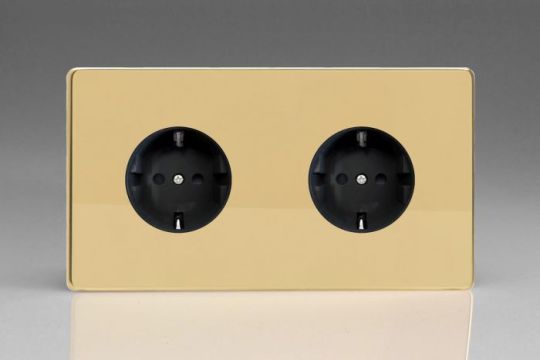 Varilight Polished Brass 2-Gang 16A Flush Socket with Schuko Earth