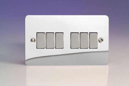 Varilight Polished Chrome 6-Gang 10A 1- or 2-Way Rocker Switch (Twin Plate)