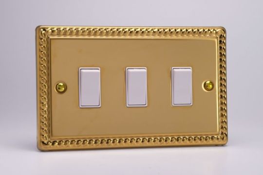 Varilight Georgian Brass 3-Gang 10A 1- or 2-Way Rocker Switch (Twin Plate)