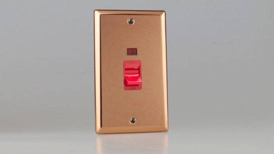 Varilight Polished Copper 45A Cooker Switch + Neon (Vertical Twin Plate, Red Rocker)