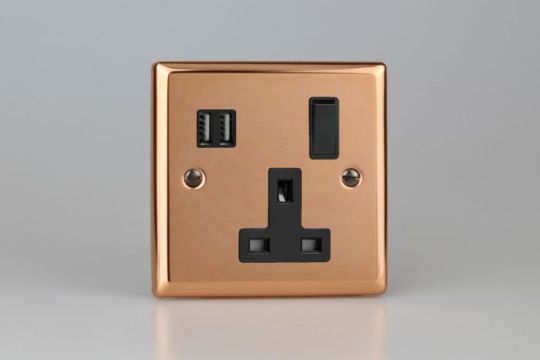 Varilight Polished Copper 1-Gang 13A Single Pole Switched Socket + 2x5V DC 3400mA USB Charging Ports 