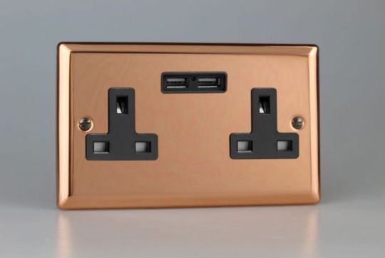 Varilight Polished Copper 2-Gang 13A Unswitched Socket + 2x5V DC 2100mA USB Charging Ports