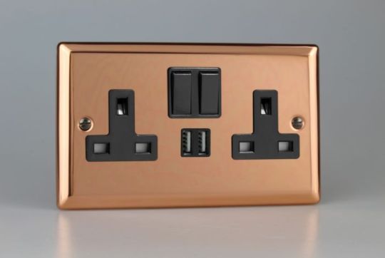 Varilight Polished Copper 2-Gang 13A Single Pole Switched Socket + 2x5V DC 2100mA USB Charging Ports 