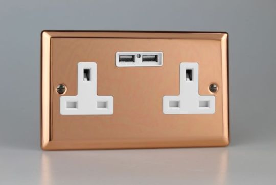 Varilight Polished Copper 2-Gang 13A Unswitched Socket + 2x5V DC 2100mA USB Charging Ports