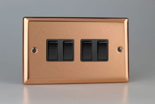 Varilight Polished Copper 4-Gang 10A 1- or 2-Way Rocker Switch (Twin Plate)