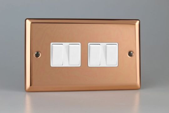 Varilight Polished Copper 4-Gang 10A 1- or 2-Way Rocker Switch (Twin Plate)