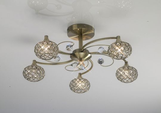 Diyas IL30945 Cara Semi Ceiling 5 Light Antique Brass/Crystal