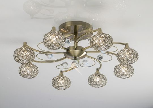 Diyas IL30948 Cara Semi Ceiling 8 Light Antique Brass/Crystal