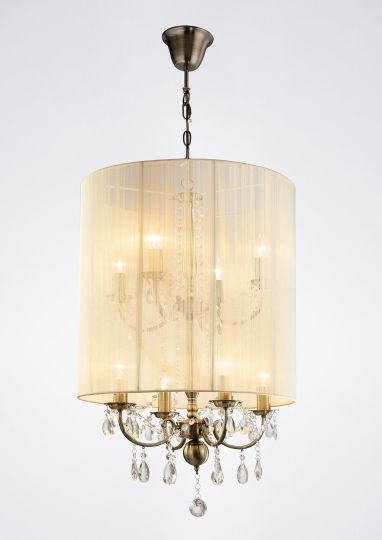 Diyas IL30069 Ella Pendant With Ivory Cream Shade 8 Light Antique Brass/Crystal