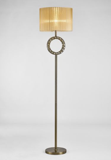 Diyas IL31721 Florence Round Floor Lamp With Soft Bronze Shade 1 Light Antique Brass/Crystal