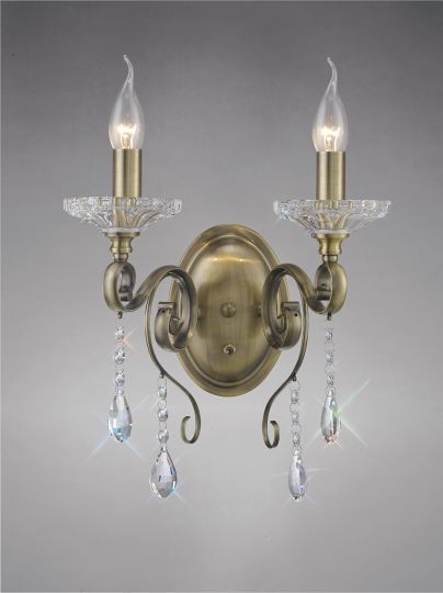 Diyas IL32072 Libra  Wall Lamp Switched 2 Light Antique Brass/Crystal