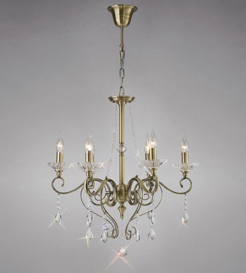 Diyas IL32076 Libra Pendant 6 Light Antique Brass/Crystal