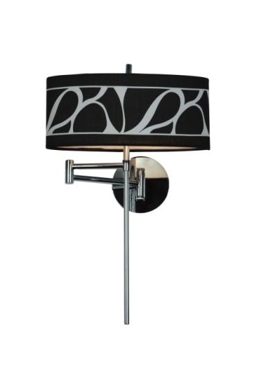 Mantra Manhattan Wall Lamp 1 Light E14 Swing Arm Polished Chrome/Frosted Glass With Black Patterned Shade